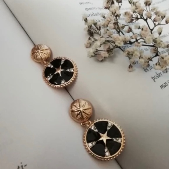 Black & Gold Star Coin Drop Earrings Crystals NWT - Picture 2 of 8